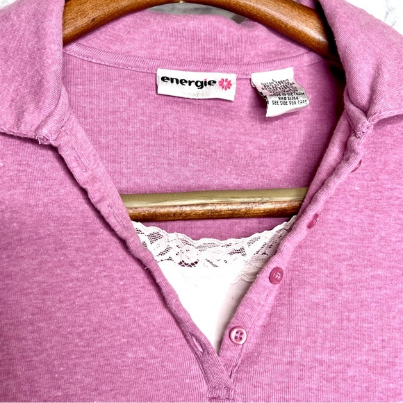 ⭐️ Energie Girls Pink Collared Long Sleeve Y2K Top Size M/L Lace Trim - Picture 4 of 9
